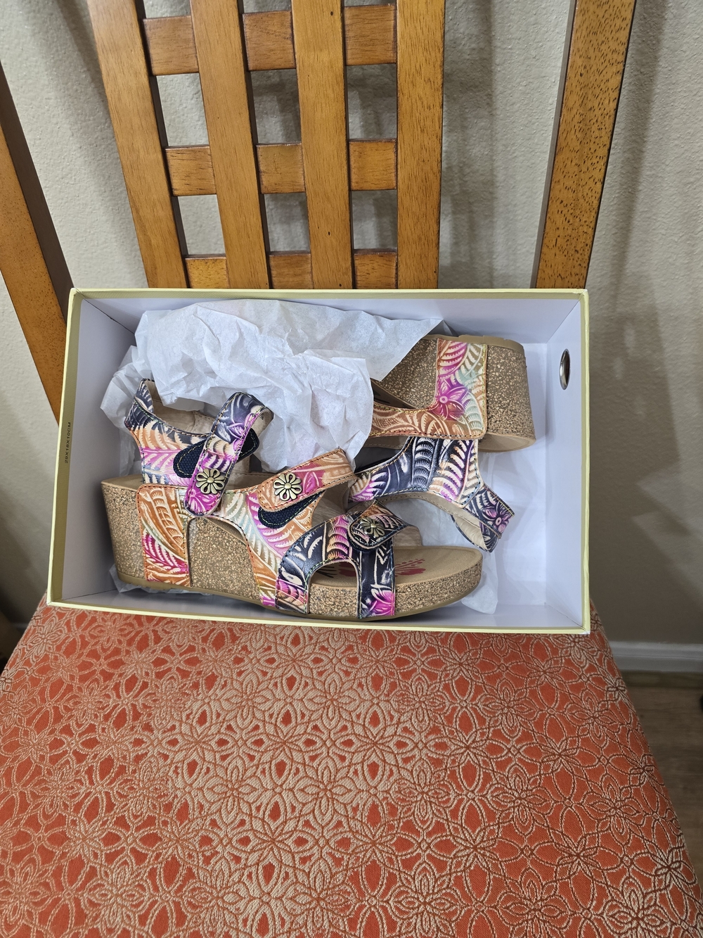 Multicolor Patterned Cork Wedge Sandals - Women